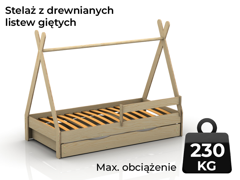 Stelaż łóżka z szufladą w stylu TIPI z drewnianych listew giętych o maksymalnym obciążeniu 230kg